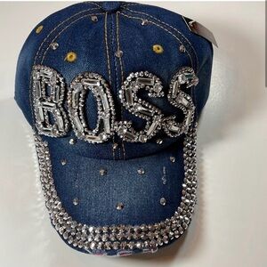 Embellished Denim Cap with Rhinestones